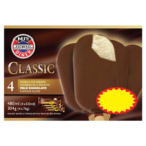 Mj's Diner Classic Vanilla Ice Creams Covered in a Smooth Milk Chocolate Flavour Glaze 4 X 76g