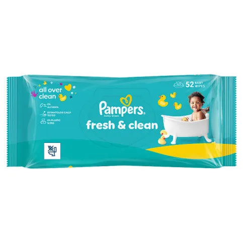 Pampers Fresh Clean Baby Wipes Plastic Free, 1 Pack of 52 Wipes = 52 Baby Wet Wipes