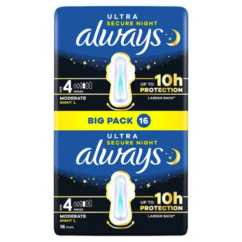 Always Ultra Sanitary Towels Moderate Night (Size 4) Wings 16 Pads, For Menstrual Periods