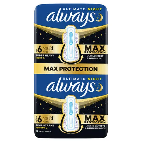 Always Ultra Sanitary Towels Super Heavy Flow Night (Size 6) Wings 12 Pads For Menstrual Periods