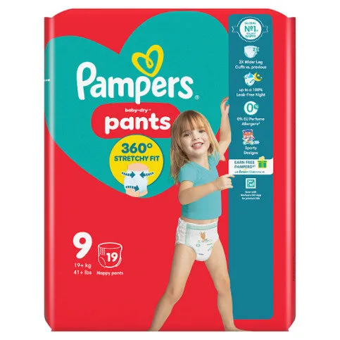 Pampers Baby-Dry Nappy Pants Size 9, 19 Nappies, 19kg+, Essential Pack