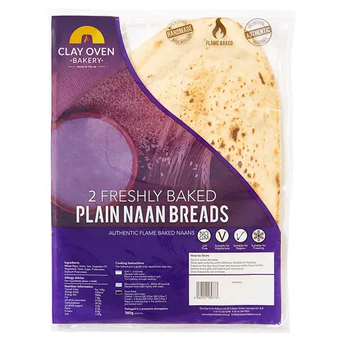 The Clay Oven Bakery 2 Freshly Baked Plain Naan Breads 360g
