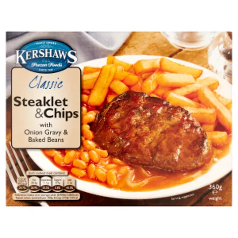 Kershaws Classic Steaklet & Chips with Onion Gravy & Baked Beans 360g