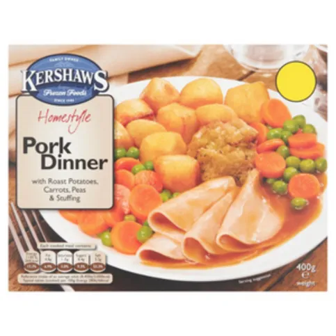 Kershaws Homestyle Pork Dinner With Roast Potatoes, Carrots, Peas & Stuffing 400g