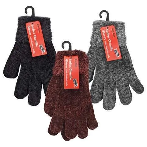 Ladies Chenille Gloves with Feather Cuffs