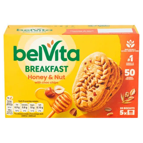 Belvita Breakfast  Biscuits Honey & Nut with Choc Chips 5 Pack 225g