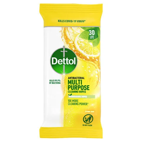 Dettol Antibacterial Multipurpose Cleaning Wipes, Citrus Zest, 30 Large Wipes
