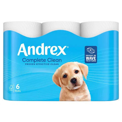 Andrex Complete Clean Toilet Tissue Standard Rolls, 6 Rolls, 190 sheets